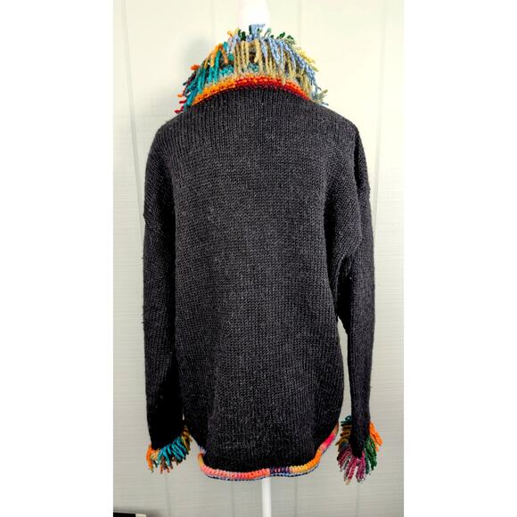 The Sweater Venture Size? XL 50% Wool 50% Alpaca Rainbow Fringe Artsy Cardigan - Picture 2 of 14